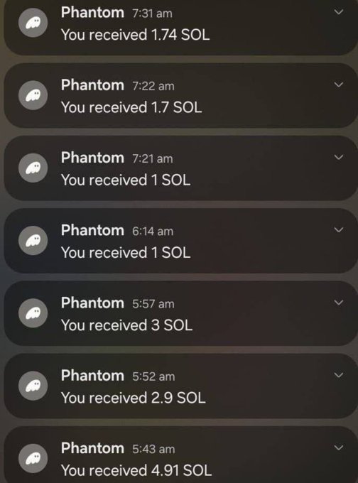 A series of Phantom wallet notifications showing multiple incoming cryptocurrency transactions in SOL (Solana), with amounts ranging from 1 SOL to 4.91 SOL received between 5:43 am and 7:31 am.