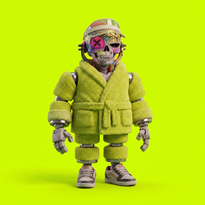 3D rendered robotic character wearing a neon green bathrobe, sneakers, and a colorful graffiti-styled skull mask against a bright lime green background.