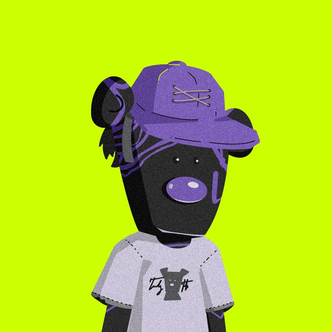 A cartoon-style illustration of a bear-like character wearing a purple cap and gray t-shirt with Japanese characters against a bright yellow-green background.