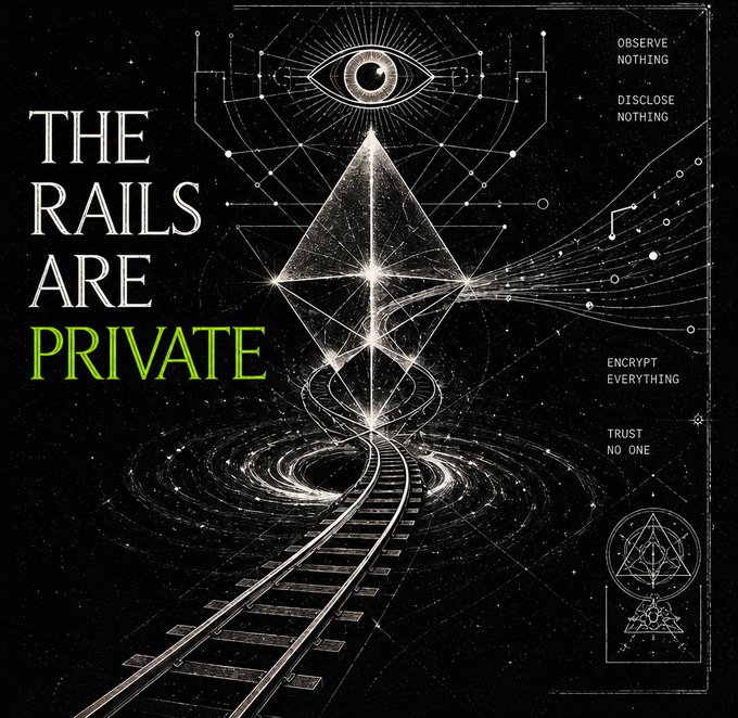 A dark mystical poster titled 'THE RAILS ARE PRIVATE' showing an eye above geometric shapes and train tracks, with side text reading 'OBSERVE NOTHING', 'DISCLOSE NOTHING', 'ENCRYPT EVERYTHING', and 'TRUST NO ONE'.