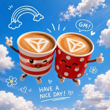 The image features two cheerful anthropomorphic coffee cups with TRON logos on their foam, set against a bright sky with clouds, a rainbow, and a "GM :)" speech bubble, with text reading "HAVE A NICE DAY!"—a cheerful, positive visual that contrasts with the post's serious message about TRON's RWA asset tokenization expansion, offering a lighthearted "good morning" greeting to the crypto community.