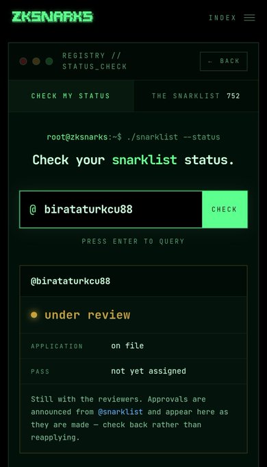 A screenshot of the ZKSNARKS website showing a snarklist status check page for username '@birataturkcu88', which is listed as 'under review' with an application 'on file' and pass 'not yet assigned'.