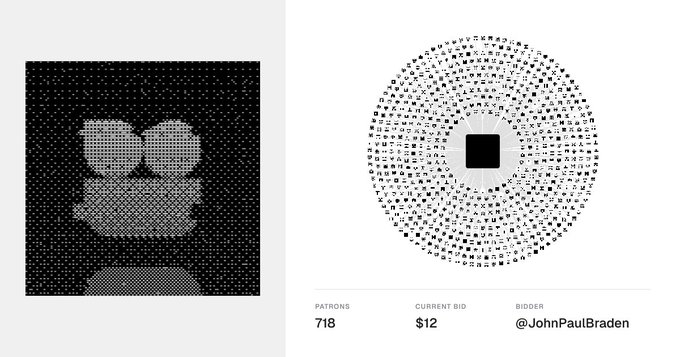 A dark-themed NFT artwork page showing a pixelated skull on the left and a circular pattern of characters on the right, with text 'PATRONS 718', 'CURRENT BID $12', and 'BIDDER @JohnPaulBraden'.
