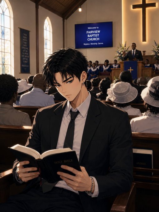 An anime-style illustration of a young man in a black suit reading a Holy Bible while sitting in a church pew at 'Fairview Baptist Church'.