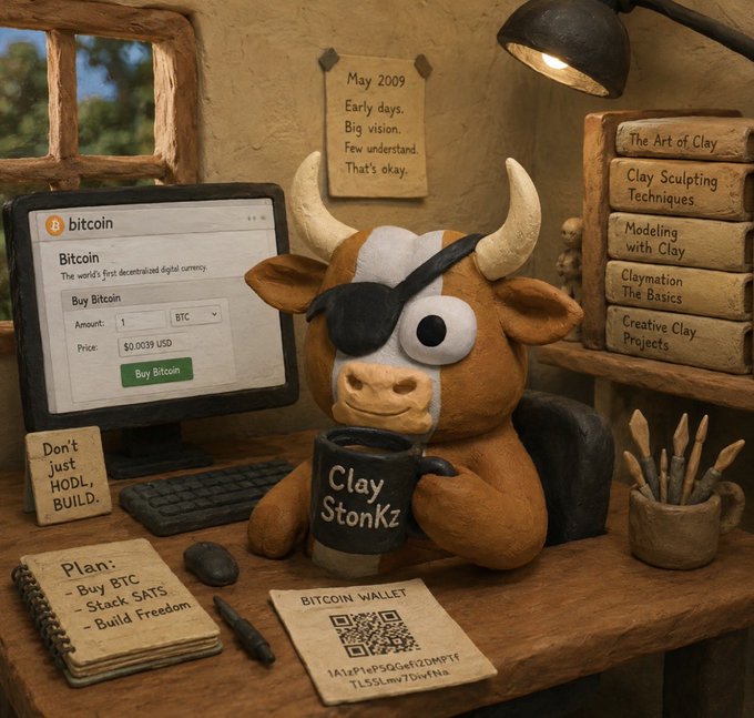 A claymation scene featuring a bull with an eye patch at a desk, holding a mug labeled 'Clay Stonks.' A computer screen displays a Bitcoin buy page showing a price of $0.0039 USD, and a notepad lists a plan to 'Buy Btc', 'Stack SATS', and 'Build Freedom.'