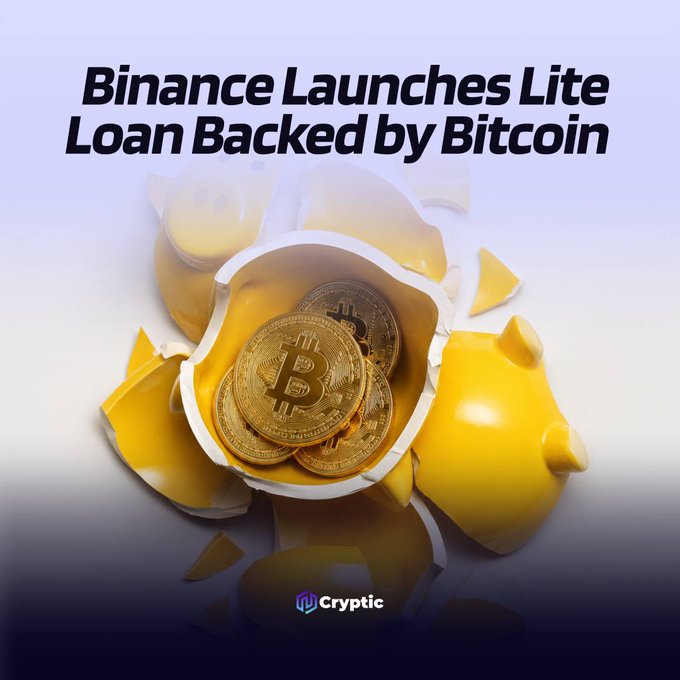 The image features a cracked yellow piggy bank with golden Bitcoin coins emerging from it, accompanied by the bold headline "Binance Launches Lite Loan Backed by Bitcoin." It visually represents the newly introduced Lite Loan service, symbolizing how users can now access liquidity from their Bitcoin holdings without selling them.