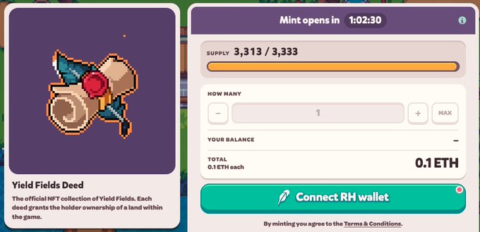 A user is preparing to mint a "Yield Fields Deed" NFT, with the mint opening in 1:02:30 and nearly maxed-out supply at 3,313/3,333, priced at 0.1 ETH each, as they speculate on its floor price post-mint.
