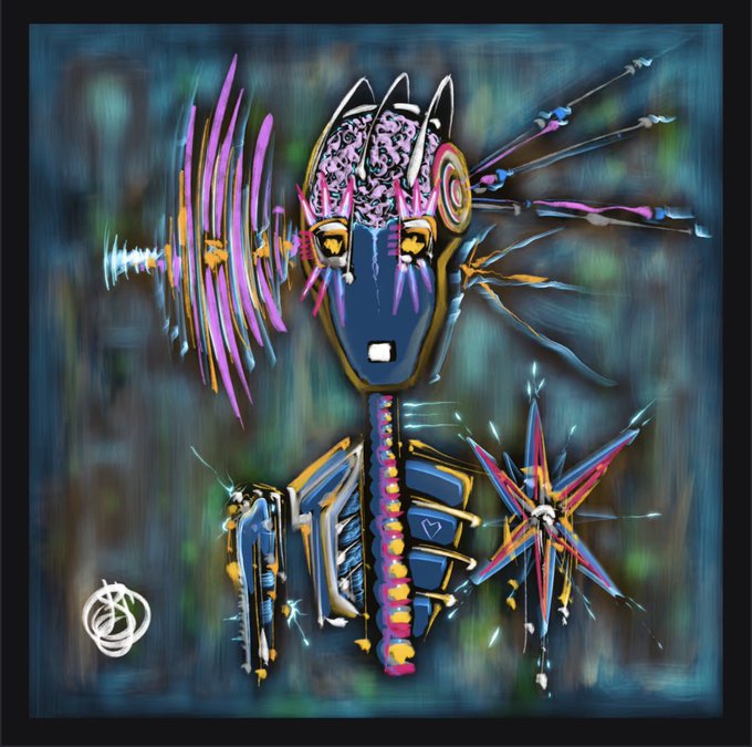 An abstract digital artwork featuring a stylized figure with a dark blue face, colorful sound waves emanating from one side, and a spiked star shape, signed in the lower left.