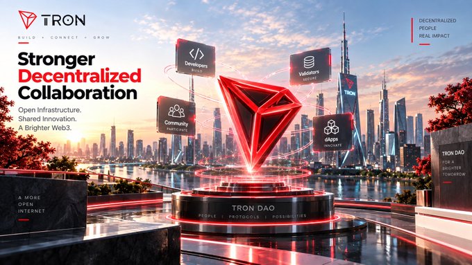 A TRON DAO promotional banner titled 'Stronger Decentralized Collaboration' showcasing 'Developers', 'Validators', 'Community', and 'dApps' around a central TRON logo with the tagline 'PEOPLE | PROTOCOLS | POSSIBILITIES'.