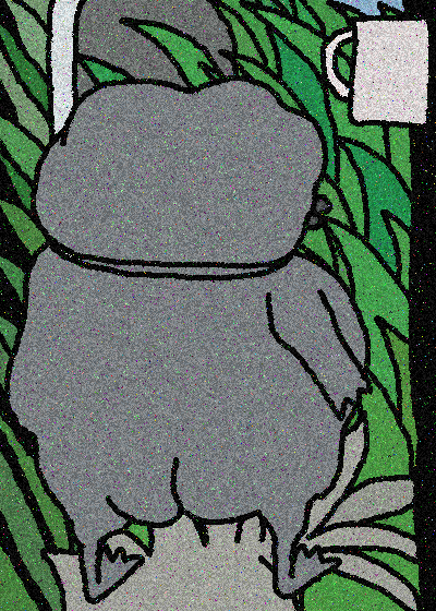 A stylized gray gorilla viewed from behind sits among green foliage in a stained-glass-like illustration, with a blank white speech bubble in the upper right corner—suggesting an early morning crypto greeting where the "gm, frens" message hasn't yet been filled in.