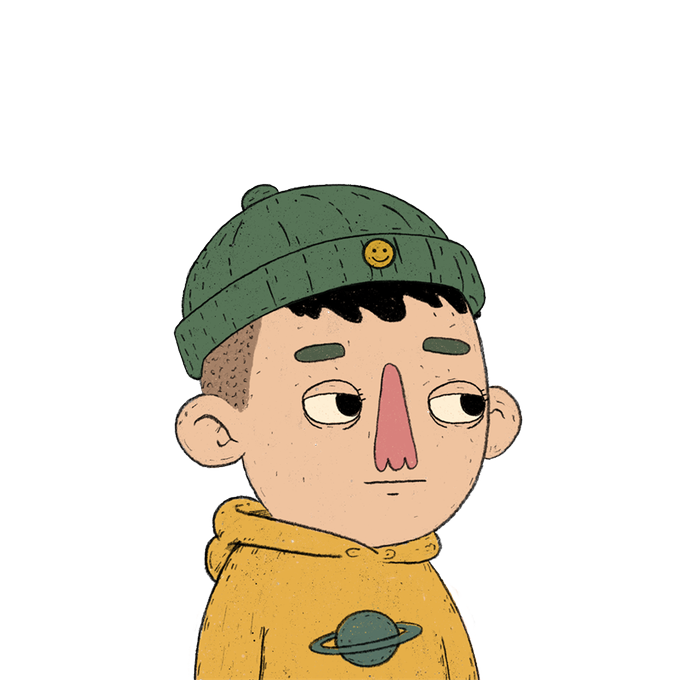 A cartoon illustration of a character with half-shaved head wearing a green beanie with a smiley face pin and a yellow hoodie featuring a Saturn planet design.