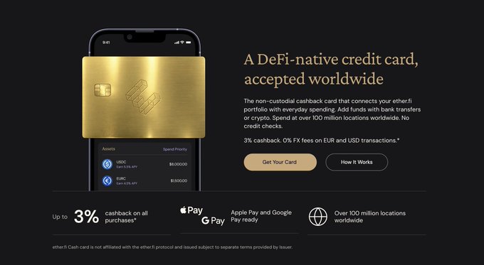 A promotional image for ether.fi Cash, a DeFi-native gold credit card accepted at over 100 million locations worldwide, offering 3% cashback with 0% FX fees on EUR and USD transactions, with options to fund via Apple Pay and Google Pay. The image aligns with the post's praise of ether.fi as a top crypto card, highlighting features like easy onboarding, low fees, and the ability to borrow against crypto holdings.