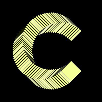 A stylized letter 'C' logo in light yellow with a striped, geometric design on a black background.