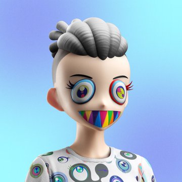 3D rendered character with gray hair, large colorful eyes, and rainbow-striped lips wearing a patterned shirt against a blue gradient background.