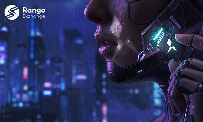 A futuristic figure in a high-tech helmet stands against a neon-lit cyberpunk cityscape, with the "Rango Exchange" logo displayed in the top-left corner—visually reinforcing the post's message about unlocking Bitcoin liquidity across multiple chains via a Flashnet integration supporting BTC, ETH, USDC, USDT, SOL, and other major tokens.