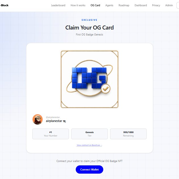 A webpage titled "Claim Your OG Card" on the bnb.beldex.io site displays a blue block-style OG badge NFT for early planter airplanestar (#1), a Genesis edition with 999/1000 remaining.