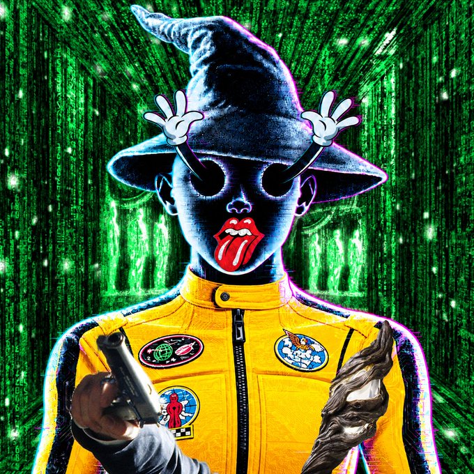 A vibrant digital artwork featuring a figure in a witch hat with cartoon white-gloved hands for eyes, a Rolling Stones tongue logo for a mouth, and a yellow jumpsuit adorned with mission patches, set against a green Matrix-style code background.