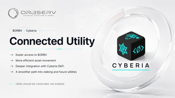 A promotional graphic for Orbserv and Cyberia titled 'Connected Utility' highlights features like easier access to $ORBV, efficient asset movement, and deeper integration with Cyberia DeFi.
