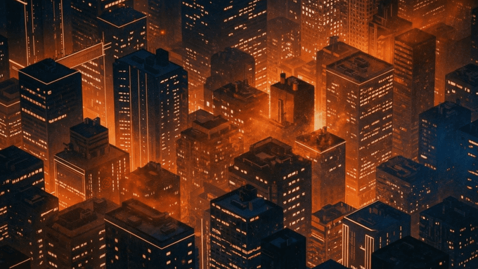 A moody, atmospheric illustration of a sprawling cityscape at night, with countless illuminated skyscraper windows glowing warm orange against the dark surroundings.