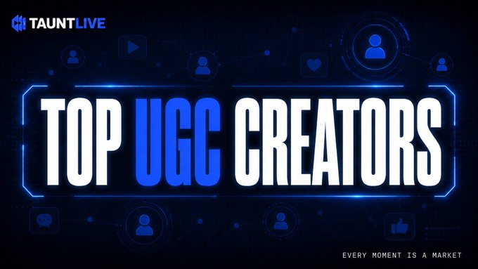 A promotional banner with a dark blue tech-themed background reads "TAUNTLIVE" in the top left and "TOP UGC CREATORS" in large letters, with "EVERY MOMENT IS A MARKET" at the bottom right.