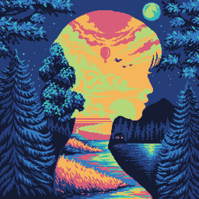 A pixel art illustration of a face silhouette merged with a vibrant sunset landscape featuring a moon, lake, and pine trees in neon colors.
