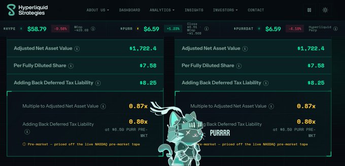 A 'Hyperliquid Strategies' dashboard displaying financial metrics for HYP and PURR tickers with Adjusted Net Asset Value of $1,722.4, Per Fully Diluted Share of $7.58, and Multiple to Adjusted Net Asset Value of 0.87x.