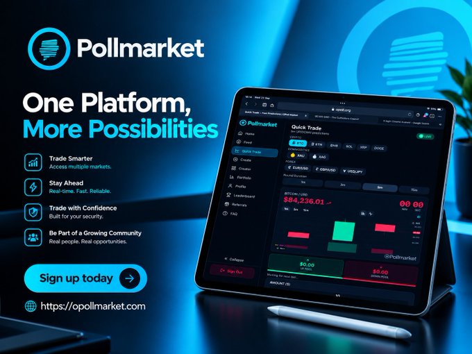 An advertisement for 'Pollmarket' features the tagline 'One Platform, More Possibilities' alongside a tablet showing a trading interface, with bullet points like 'Trade Smarter' and 'Stay Ahead'.