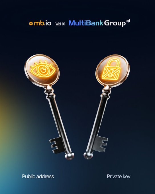 A promotional graphic for mb.io (part of MultiBank Group) showing two golden keys labeled 'Public address' and 'Private key' with eye and envelope icons.