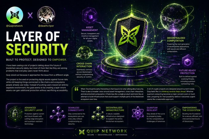 The image features a poster or infographic titled "Layer of Security" with various illustrations, including a shield, a butterfly, and other symbols related to security. The poster also includes text that discusses the importance of building secure networks and the role of Quip Network in this context. The main focus is on the concept of layer security and how it can be applied to protect networks from potential threats or vulnerabilities.