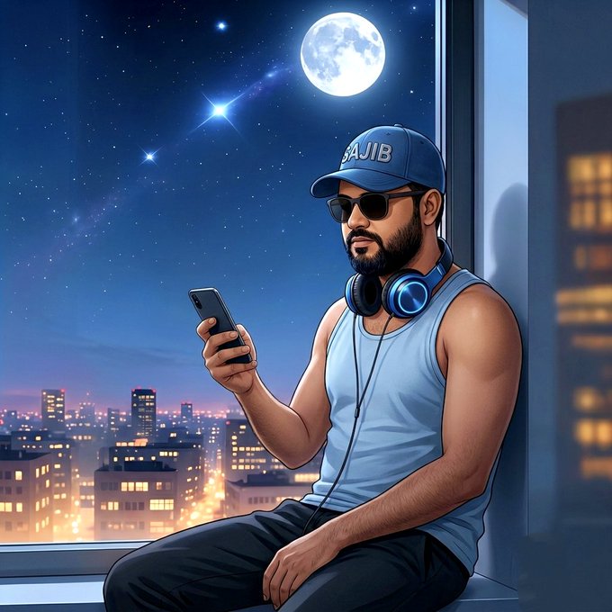 A digital illustration depicts a bearded man wearing a blue 'AJIB' cap, sunglasses, and headphones, sitting on a windowsill while looking at his phone against a nighttime cityscape with a full moon.