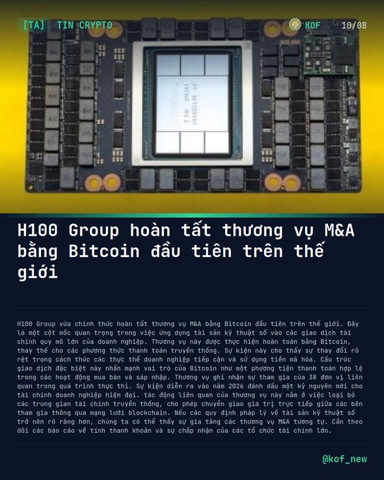 A Vietnamese crypto news article from KOF dated 10/08 about H100 Group completing the world's first M&A deal paid in Bitcoin for tens of millions of Swedish kronor.