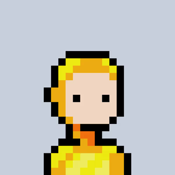 A pixel art portrait of a character with blonde hair wearing a yellow outfit against a light blue background.
