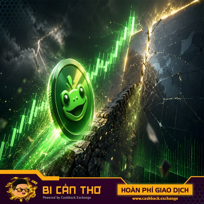 Green frog-faced coin breaking through a cracked surface with a rising stock chart and lightning, branded 'BI CÂN THƠ' and 'HOÀN PHÍ GIAO DỊCH' by Cashback Exchange.