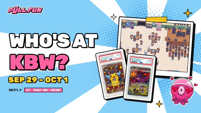 A promotional graphic for 'Full.Fun' asking 'WHO'S AT KBW?' for the event dates 'SEP 29 - OCT 1', featuring Pokémon card images and an in-game classroom scene.