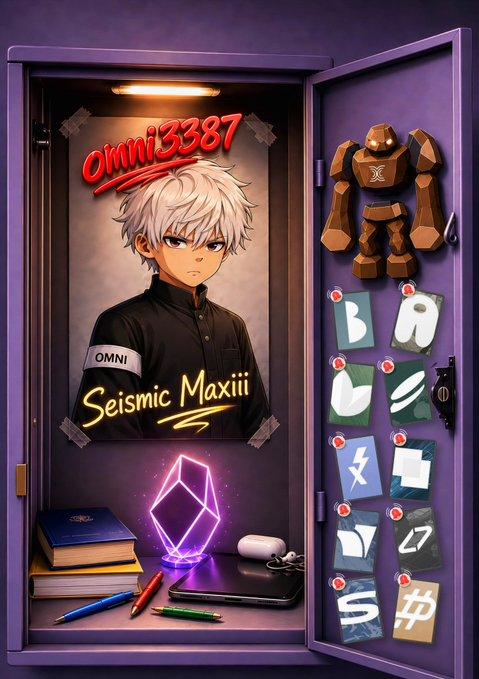 An anime-style locker illustration displaying a character labeled 'Omni3387' and 'Seismic Maxiii,' alongside various symbols, a golem figure, and items including books and a crystal.