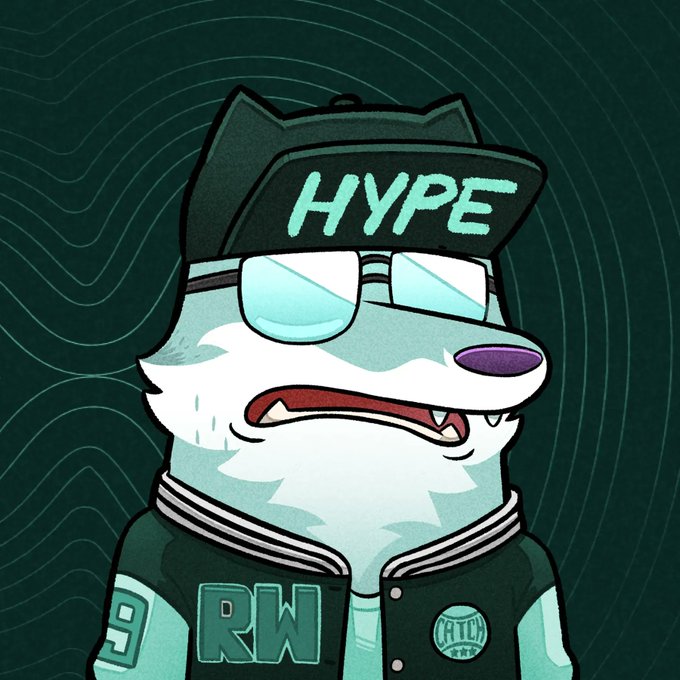 A cartoon illustration of a worried-looking teal and white wolf-like character wearing a black cap labeled 'HYPE', glasses, and a varsity jacket with '9 RW' on it.