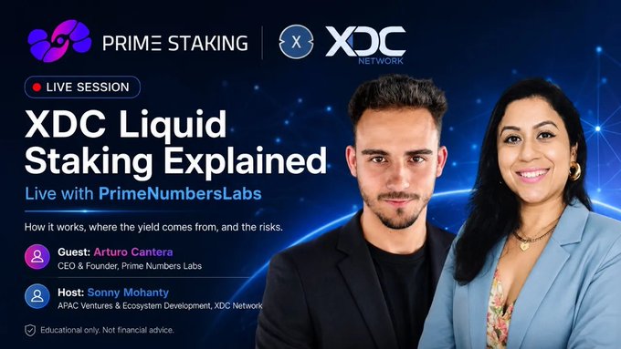A promotional graphic for a 'LIVE SESSION' titled 'XDC Liquid Staking Explained - Live with PrimeNumbersLabs', featuring headshots of guest Arturo Cantera and host Sonny Mohanty, with Prime Staking and XDC Network logos.