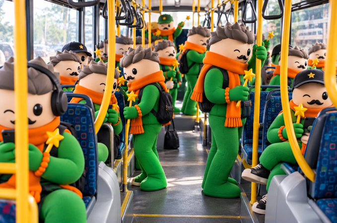 A surreal, AI-generated image showing identical green plush mascots wearing orange scarves and holding star wands while riding a public bus.