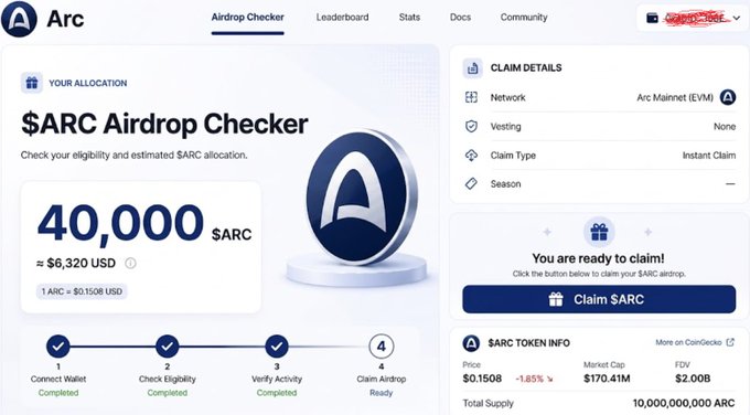 An Arc Airdrop Checker webpage showing an allocation of 40,000 $ARC tokens (approximately $6,320 USD) ready to claim on the Arc Mainnet (EVM).