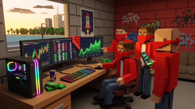 A voxel-style 3D render showing masked figures in red hoodies at a computer desk displaying green stock charts, with an Energy drink can and cash nearby, set against a graffiti-covered brick wall.