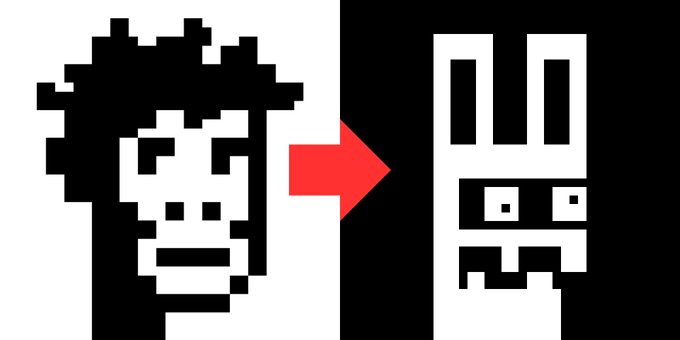 A pixel art image showing a black-and-white monkey face on the left transforming via a red arrow into a white rabbit face on a black background, symbolizing the user's username change from "Ape" to "Rabbit" to match their new bunny PFP.