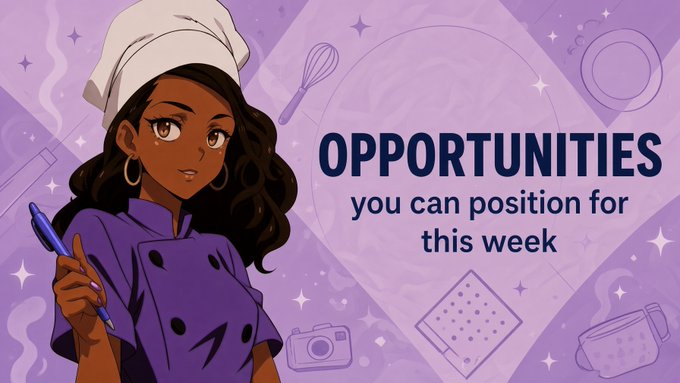 An anime-style illustration of a woman chef with a purple shirt and pen, alongside text "OPPORTUNITIES you can position for this week" on a purple background.