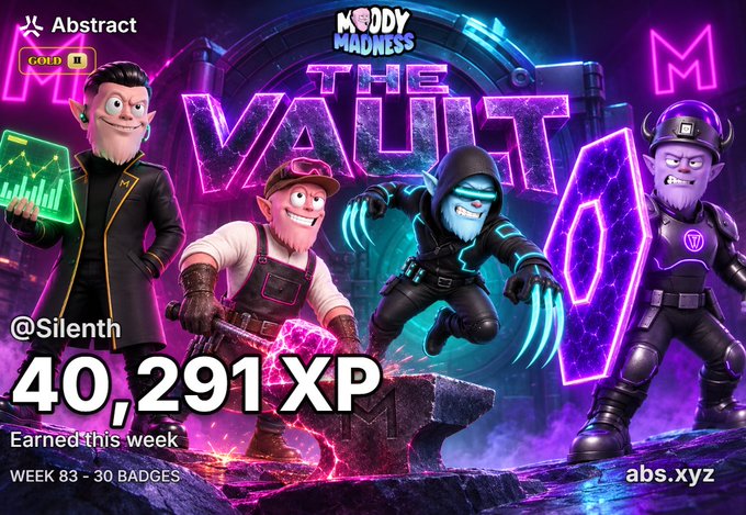 A promotional graphic for 'Moddy Madness' featuring animated characters and 'THE VAULT' with text '@Silenth 40,291 XP Earned this week' and 'WEEK 83 - 30 BADGES' from abs.xyz.