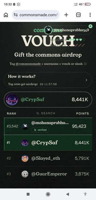 A mobile screenshot from commonsmade.com showing an airdrop leaderboard titled "VOUCH - Gift the commons airdrop," where top-ranked users like @CrypSaf (8,441K), @Slayed_eth (5,791K), and @GuarEmperor (3,875K) compete to be among the top 1,000 recipients, with 2 days 11:57:58 remaining. The image aligns with the post's call to vouch for friends to boost community engagement and improve airdrop chances for everyone.