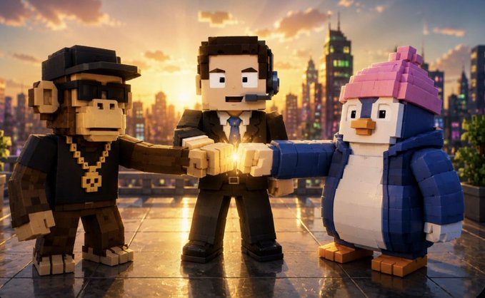 Three blocky, voxel-style characters (a monkey in a cap, a businessman, and a penguin in a pink hat) bumping fists against a sunset cityscape backdrop.