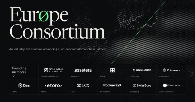 A promotional graphic for the 'Europe Consortium' displays its founding members, which include Schuman Financial, Assetera, BLOX, Coinhouse, Coinmerce, DFNS, eToro, LCX, RockawayX, SwissBorg, and XRPL Commons.
