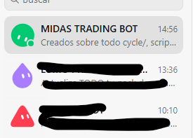 A mobile messaging app screenshot showing a chat with 'MIDAS TRADING BOT' at 14:56 and messages from 'Etherea' and another user, with some text redacted by black marker.