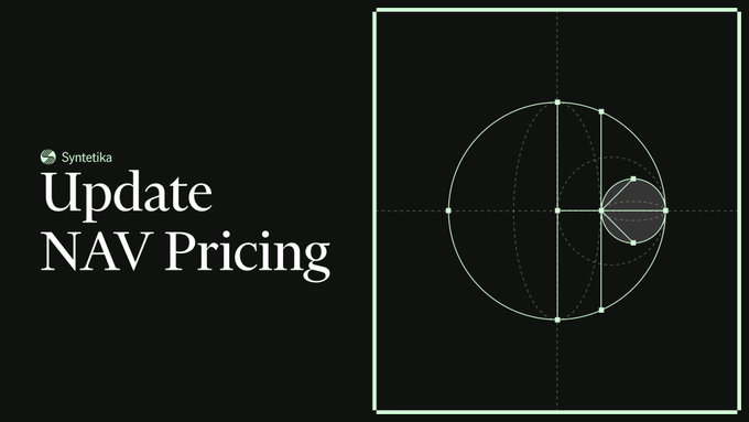 A dark promotional slide with white text reading 'Syntetika' and 'Update NAV Pricing,' accompanied by geometric circular diagrams on the right side.