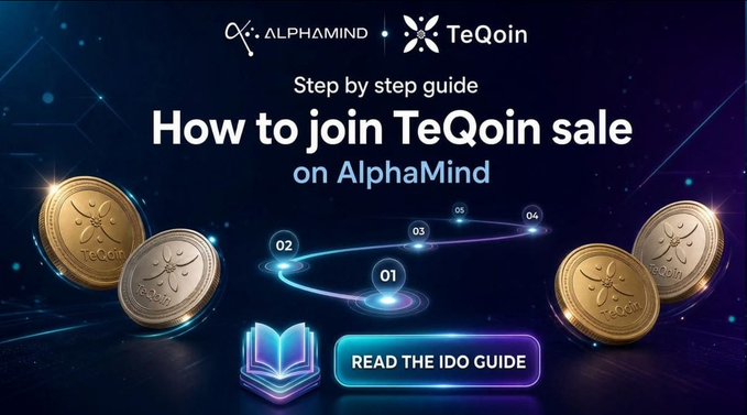 The image is a promotional banner featuring the "Step by step guide: How to join TeQoin sale on AlphaMind," with TeQoin-branded gold coins flanking a glowing numbered pathway and a "READ THE IDO GUIDE" call-to-action button. It visually supports the announcement of the $TEQOIN token sale on AlphaMind, illustrating the guide available for participants.