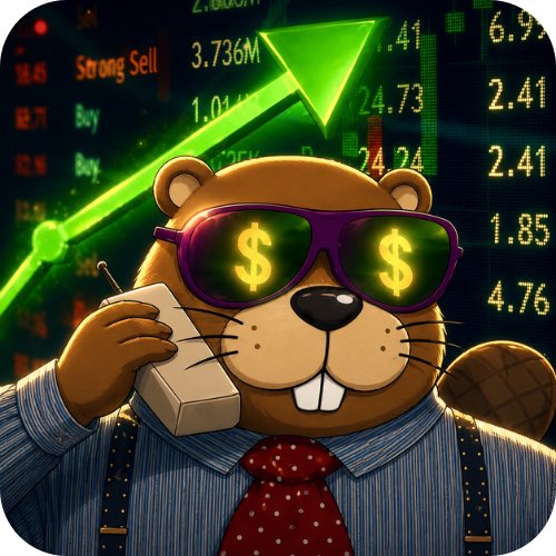 A cartoon app icon featuring a smiling beaver wearing dollar-sign sunglasses, a blue striped shirt, red tie, and suspenders, holding a phone, with stock market numbers and a rising green arrow in the background.